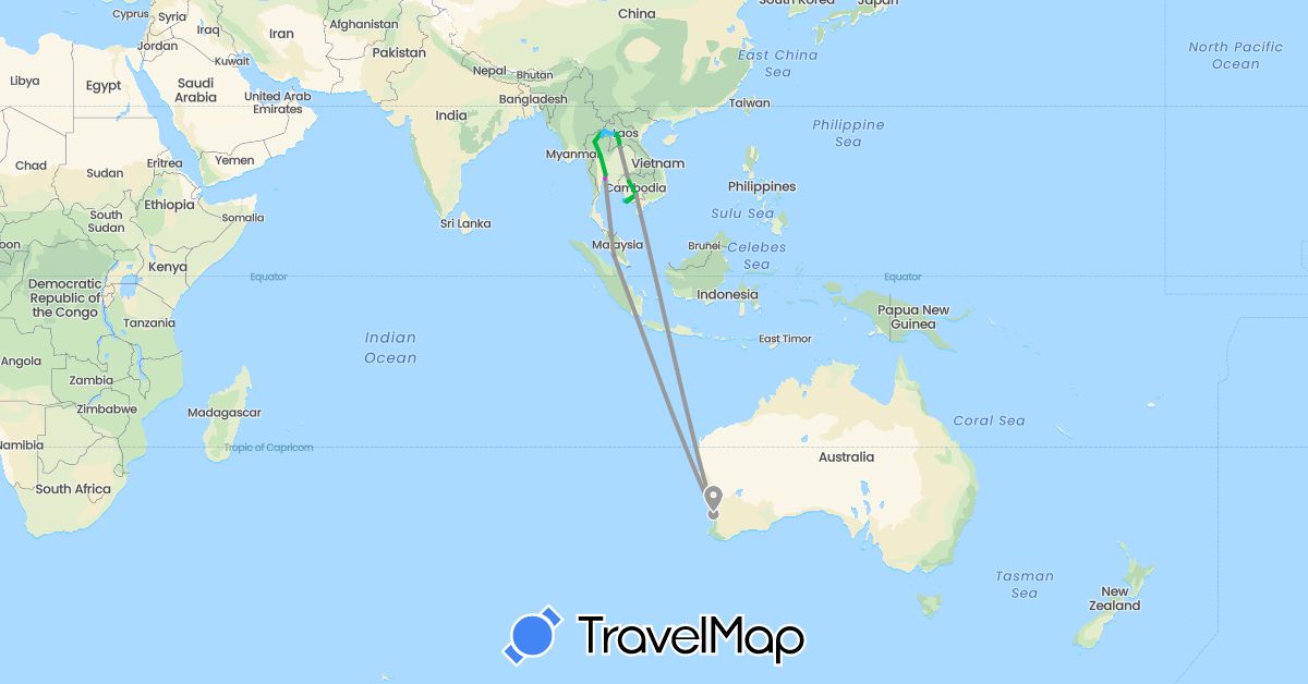 TravelMap itinerary: driving, bus, plane, cycling, train, boat in Australia, Cambodia, Laos, Malaysia, Thailand (Asia, Oceania)