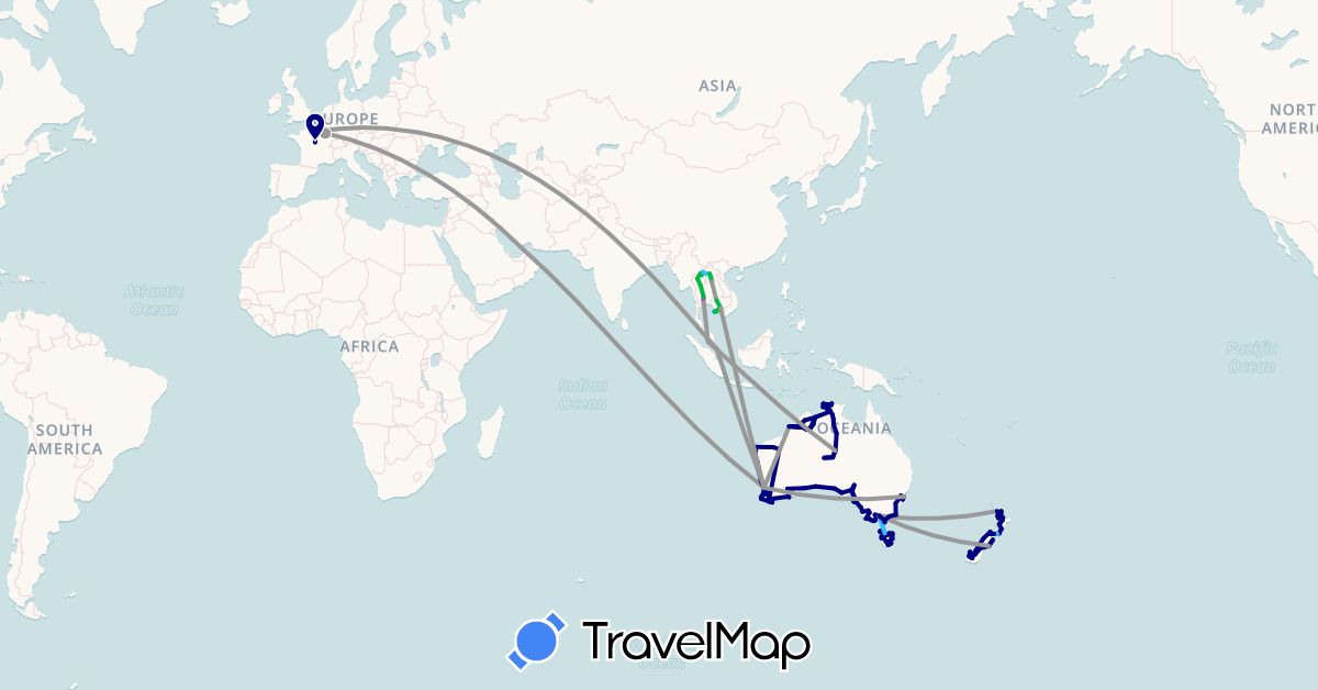 TravelMap itinerary: driving, bus, plane, cycling, train, boat in United Arab Emirates, Australia, France, Cambodia, Laos, Malaysia, New Zealand, Singapore, Thailand (Asia, Europe, Oceania)